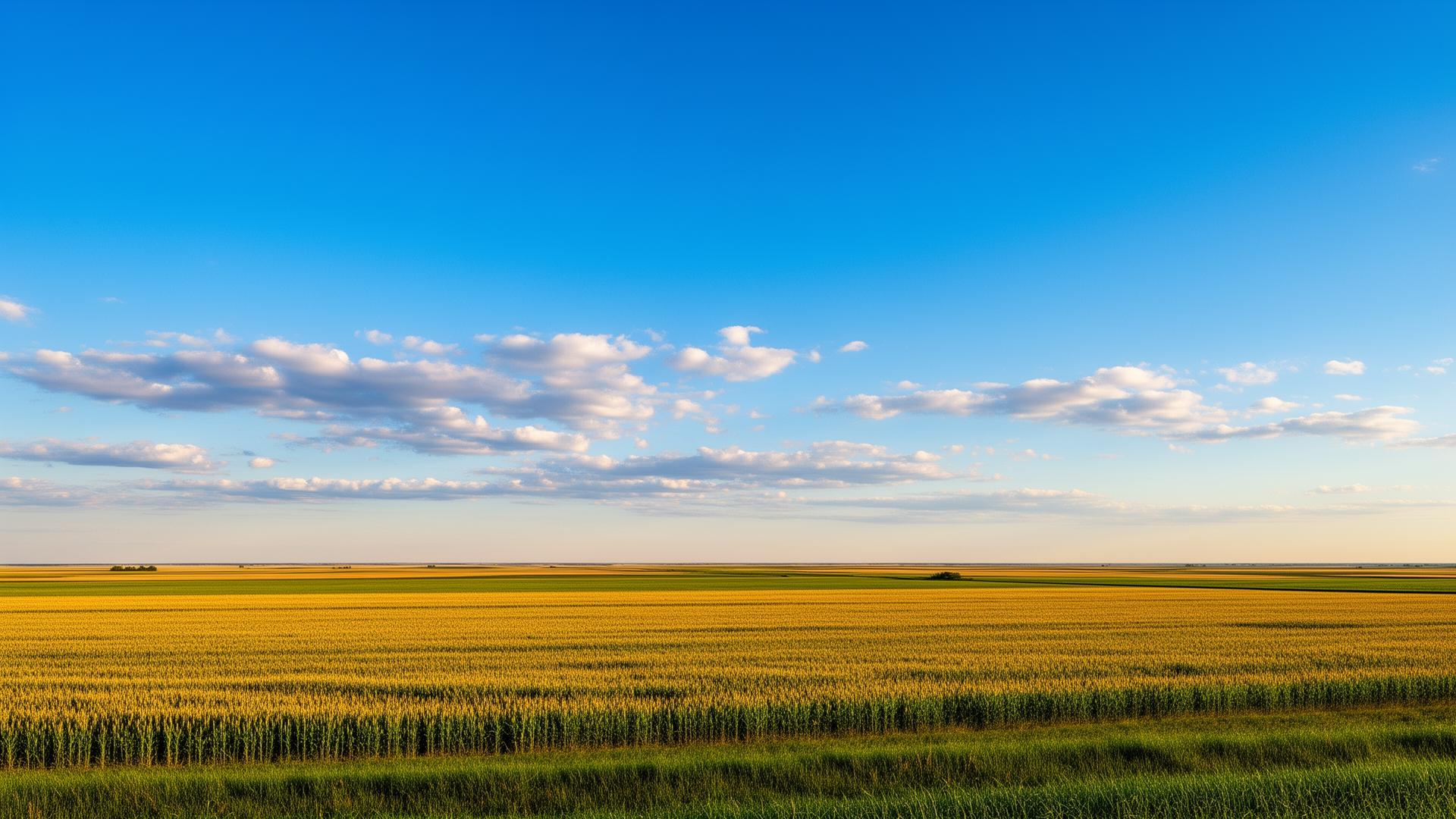 Blue sky over the flat Red River Valley farmland near Fargo, North Dakota